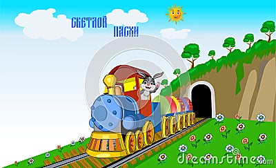 Easter greeting card. Composition with a rabbit carrying on a train Easter eggs Vector Illustration